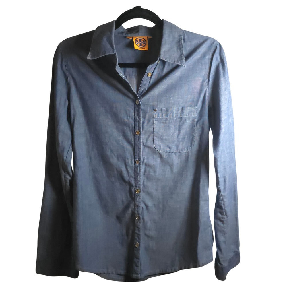 Tory Burch‎ Chambray Button Front Shirt Women's 6 Polished Boho Gold Buttons - Picture 2 of 10